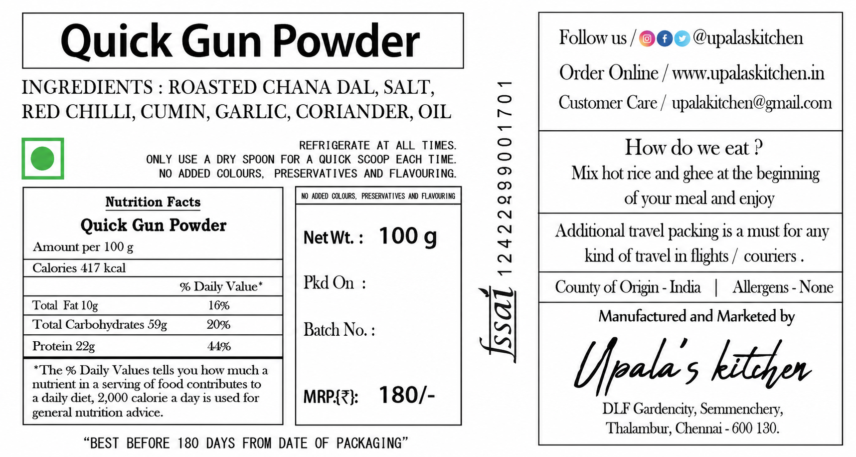 Quick Gun Powder  (Contains Garlic) - (Hot Rice.Ghee.Boom..)